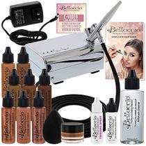 Belloccio Professional Beauty Deluxe Airbrush Sistema de Maquiagem Cosmética com 5 Tons Escuros de Base em Frascos de 1/2 oz - Kit inclui Blush, Bronzer e Marcadores