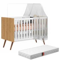 Berço 2 em 1 Americano Estilo Retrô Com Colchão e Grade Removível Pés Palito em Madeira