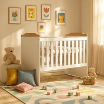 Berço 3 em 1 Carinho Americano 130x70 com Colchão, Vira Mini Cama e Sofá Infantil, MDF MDP Branco com Amadeirado, Seguro e Moderno para Quarto de Bebê