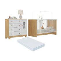 Berço 3 Em 1 Com Colchão Incluso E Cômoda 1 Porta 4 Gavetas Nina Multimóveis MP4768 Madeirado-branco