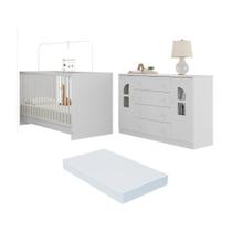 Berço 3 Em 1 Com Colchão Incluso E Cômoda 2 Portas 4 Gavetas Amora Multimóveis MP4771 Branco
