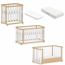 Berço 3 em 1 Evolutivo com mini colchão e Colchão incluso MDF e Madeira Maciça Quater Linha Loop Branco com Carvalho Malva com Certificado Inmetro