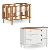 Berço 3 em 1 Evolutivo e Cômoda 6 gavetas Cromo Branco com Nogueira