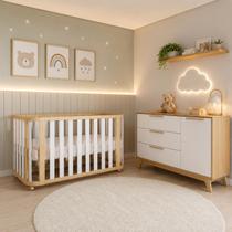 Berço 3 em 1 Evolutivo Mini berço Mini Cama e Cômoda Branco com Carvalho Grande Espaço Trocador