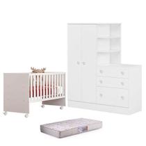 Berço 3540 E Guarda Roupa Com Cômoda 4070 Doce Sonho Branco Brilho E Colchão Gazin Qmovi