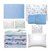 Berço 7Pçs Azul Bebê Lençol + Fronhas + Travesseiros + Manta