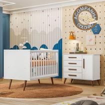 Berço Americano 3820 e Cômoda Infantil 3825 Q Encanto Retrô Qmovi Branco + Colchão Gazin