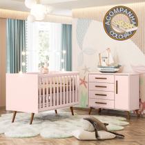 Berço Americano 3820 e Cômoda Infantil 3825 Q Encanto Retrô Qmovi Rosa + Colchão Gazin