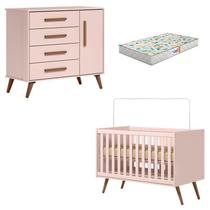 Berço Americano 3820 e Cômoda Infantil 3825 Q Encanto Retrô Rosa com Colchão Gazin - Qmovi