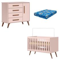 Berço Americano 3820 e Cômoda Infantil 3825 Q Encanto Retrô Rosa com Colchão Ortobom - Qmovi