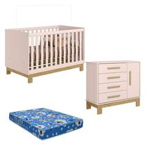 Berço Americano 4315 e Cômoda Sapateira 4355 Q Encanto Slim Rosa Acetinado com Colchão Tend Tudo Qmovi