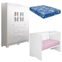 Berço Americano Alegria e Guarda Roupa Infantil New Cristal Branco Brilho com Colchão Canaã