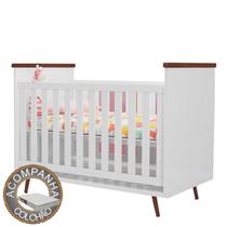 Berço Americano Baby Wood Pés Retrô com Colchão 100% MDF Cor Branco com Amadeirado - Phoenix Baby