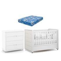 Berço Americano com Capitonê New Boucle e Cômoda Gaveteiro Infantil Tutto New Branco Acetinado e Colchão Ortobom - Matic Berço Americano com Capitonê New Boucle e Cômoda Gaveteiro Infantil Tutto New Branco Acetinado e Colchão Ortobom - Matic