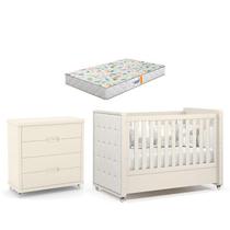 Berço Americano com Capitonê New Boucle e Cômoda Gaveteiro Infantil Tutto New Off White e Colchão Gazin - Matic