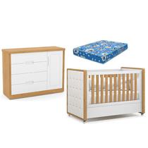Berço Americano com Capitonê New Boucle e Cômoda Infantil Tutto New Freijó Branco Acetinado e Colchão Ortobom - Matic