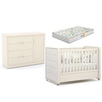 Berço Americano com Capitonê New Boucle e Cômoda Infantil Tutto New Off White e Colchão Gazin - Matic