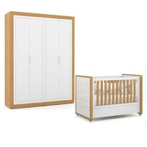 Berço Americano com Capitonê New Boucle e Guarda Roupa Tutto New 4 Portas Freijó Branco Acetinado - Matic