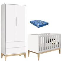 Berço Americano com Colchão e Guarda Roupa Classic 2 Portas Branco Pés Madeira Natural Reller Berço Americano com Colchão e Guarda Roupa Classic 2 Portas Branco Pés Madeira Natural Reller