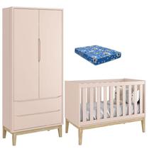 Berço Americano com Colchão e Guarda Roupa Classic 2 Portas Rosa Pés Madeira Natural Reller Berço Americano com Colchão e Guarda Roupa Classic 2 Portas Rosa Pés Madeira Natural Reller