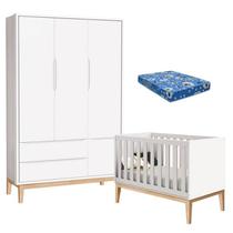Berço Americano com Colchão e Guarda Roupa Classic 3 Portas Branco Pés Madeira Natural Reller Berço Americano com Colchão e Guarda Roupa Classic 3 Portas Branco Pés Madeira Natural Reller