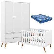 Berço Americano com Colchão e Guarda Roupa Infantil 3 Portas Retro Gold Branco Soft Eco Wood Matic