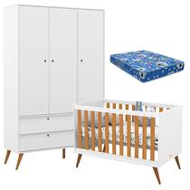 Berço Americano com Trocador Colchão e Guarda Roupa 3 Portas Retro Gold Branco Freijó Eco Wood Matic