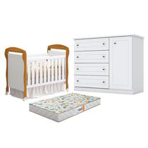 Berço Americano Danny Branco Acetinado Savana Reller e Cômoda Infantil Americano Branco HP e Colchão Gazin - Henn.