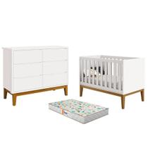Berço Americano E Cômoda 6 Gavetas New Classic Branco Com Pés Madeira E Colchão Gazin - Reller