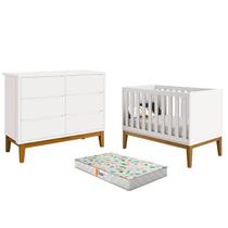 Berço Americano e Cômoda 6 Gavetas New Classic Branco com Pés Madeira e Colchão Gazin Reller