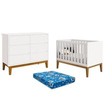 Berço Americano E Cômoda 6 Gavetas New Classic Branco Com Pés Madeira E Colchão Ortobom - Reller
