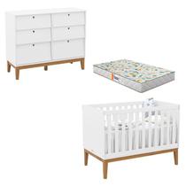 Berço Americano e Cômoda 6 Gavetas Unique Branco Soft Eco Wood com Colchão Gazin - Matic