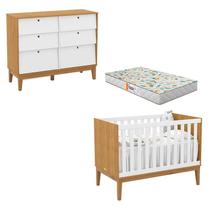 Berço Americano e Cômoda 6 Gavetas Unique Freijó Branco Soft Eco Wood com Colchão Gazin - Matic