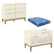 Berço Americano E Cômoda 6 Gavetas Unique Off White Eco Wood Com Colchão Ortobom - Matic