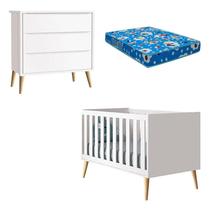 Berço Americano e Cômoda Gaveteiro Infantil Theo Branco Acetinado com Pés Madeira Natural e Colchão Reller Berço Americano e Cômoda Gaveteiro Infantil Theo Branco Acetinado com Pés Madeira Natural e Colchão Reller