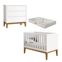 Berço Americano e Cômoda Gaveteiro New Classic Branco com Pés Madeira e Colchão Gazin Reller Berço Americano e Cômoda Gaveteiro New Classic Branco com Pés Madeira e Colchão Gazin Reller
