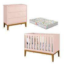 Berço Americano e Cômoda Gaveteiro New Classic Rosa com Pés Madeira e Colchão Gazin Reller Berço Americano e Cômoda Gaveteiro New Classic Rosa com Pés Madeira e Colchão Gazin Reller