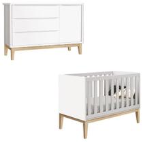 Berço Americano E Cômoda Infantil 1 Porta Classic Branco Com Pés Madeira Natural Reller