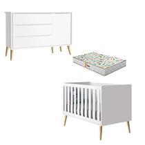 Berço Americano e Cômoda Infantil 1 Porta Theo Branco Pés Madeira Natural com Colchão Gazin Reller