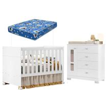 Berço Americano e Cômoda Infantil Katatau Branco Acetinado com Colchão Ortobom Reller