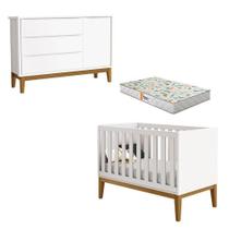 Berço Americano E Cômoda New Classic Branco Com Pés Madeira E Colchão Gazin Reller