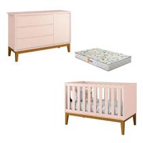 Berço Americano E Cômoda New Classic Rosa Com Pés Madeira E Colchão Gazin - Reller