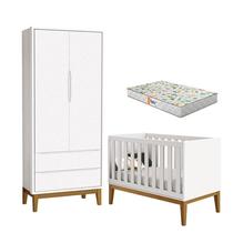 Berço Americano e Guarda Roupa 2 Portas New Classic Branco com Pés Madeira e Colchão Gazin Reller
