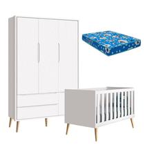 Berço Americano e Guarda Roupa 3 Portas Infantil Theo Branco Acetinado com Pés Madeira Natural e Colchão Reller Berço Americano e Guarda Roupa 3 Portas Infantil Theo Branco Acetinado com Pés Madeira Natural e Colchão Reller