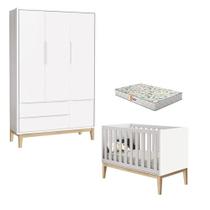 Berço Americano E Guarda Roupa 3 Portas New Classic Branco Com Pés Madeira Natural E Colchão Gazin Reller Berço Americano E Guarda Roupa 3 Portas New Classic Branco Com Pés Madeira Natural E Colchão Gazin Reller