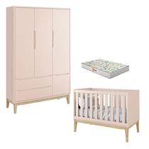 Berço Americano e Guarda Roupa 3 Portas New Classic Rosa com Pés Madeira Natural e Colchão Gazin Reller Berço Americano e Guarda Roupa 3 Portas New Classic Rosa com Pés Madeira Natural e Colchão Gazin Reller
