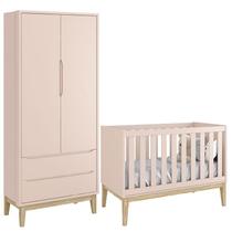 Berço Americano e Guarda Roupa Classic 2 Portas Rosa com Pés Madeira Natural Reller Berço Americano e Guarda Roupa Classic 2 Portas Rosa com Pés Madeira Natural Reller