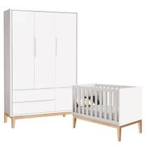 Berço Americano E Guarda Roupa Classic 3 Portas Branco Com Pés Madeira Natural - Reller Berço Americano E Guarda Roupa Classic 3 Portas Branco Com Pés Madeira Natural - Reller