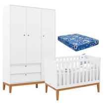 Berço Americano e Guarda Roupa Unique 3 Portas Branco Soft Eco Wood com Colchão Ortobom - Matic - Matic Moveis