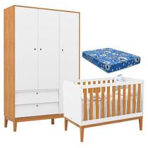 Berço Americano e Guarda Roupa Unique 3 Portas Branco Soft Freijó Eco Wood com Colchão Ortobom - Matic